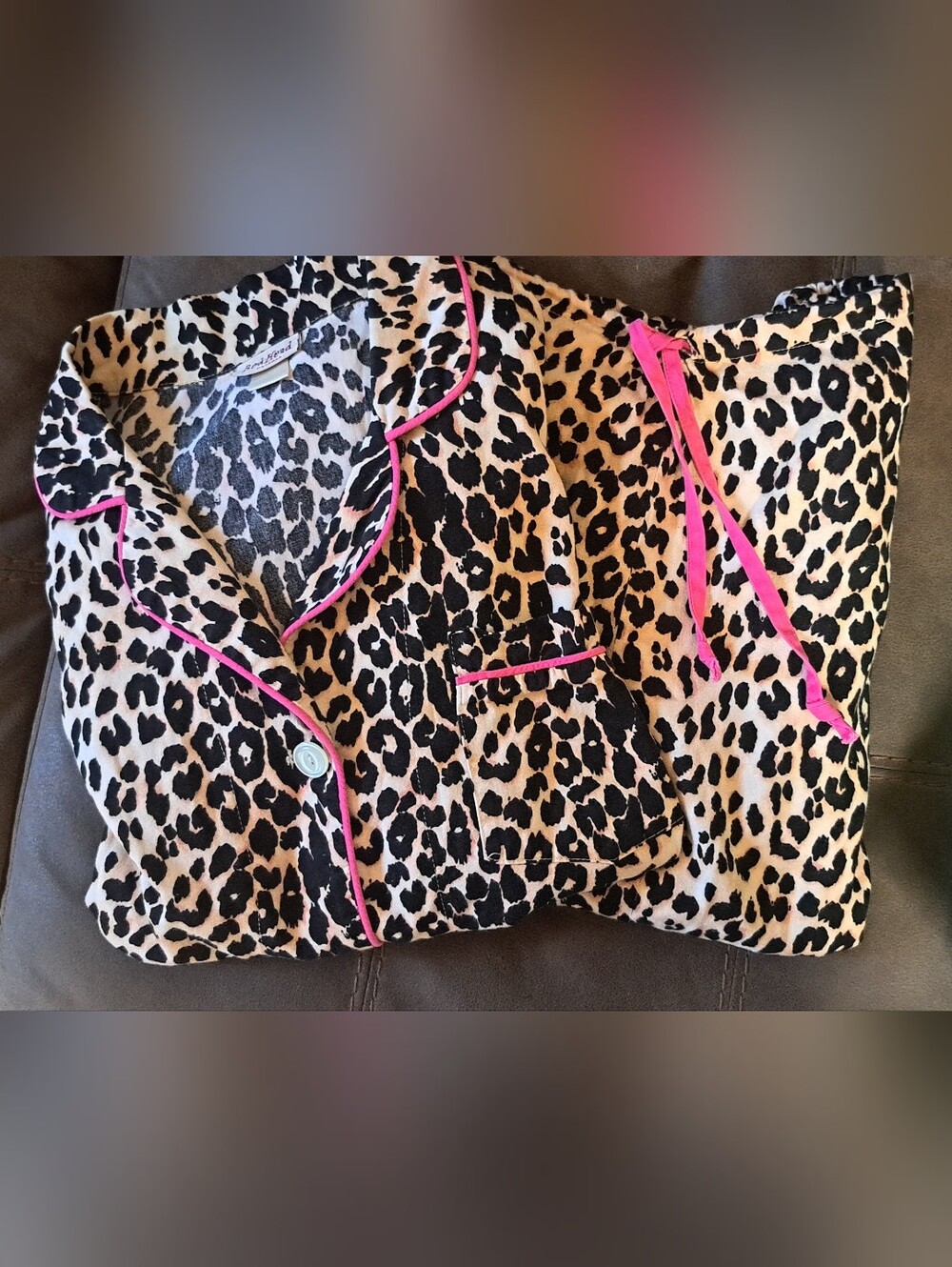 Ladies Bed Head Brown Animal Print Pajamas w/Pink Trim Medium Night Set